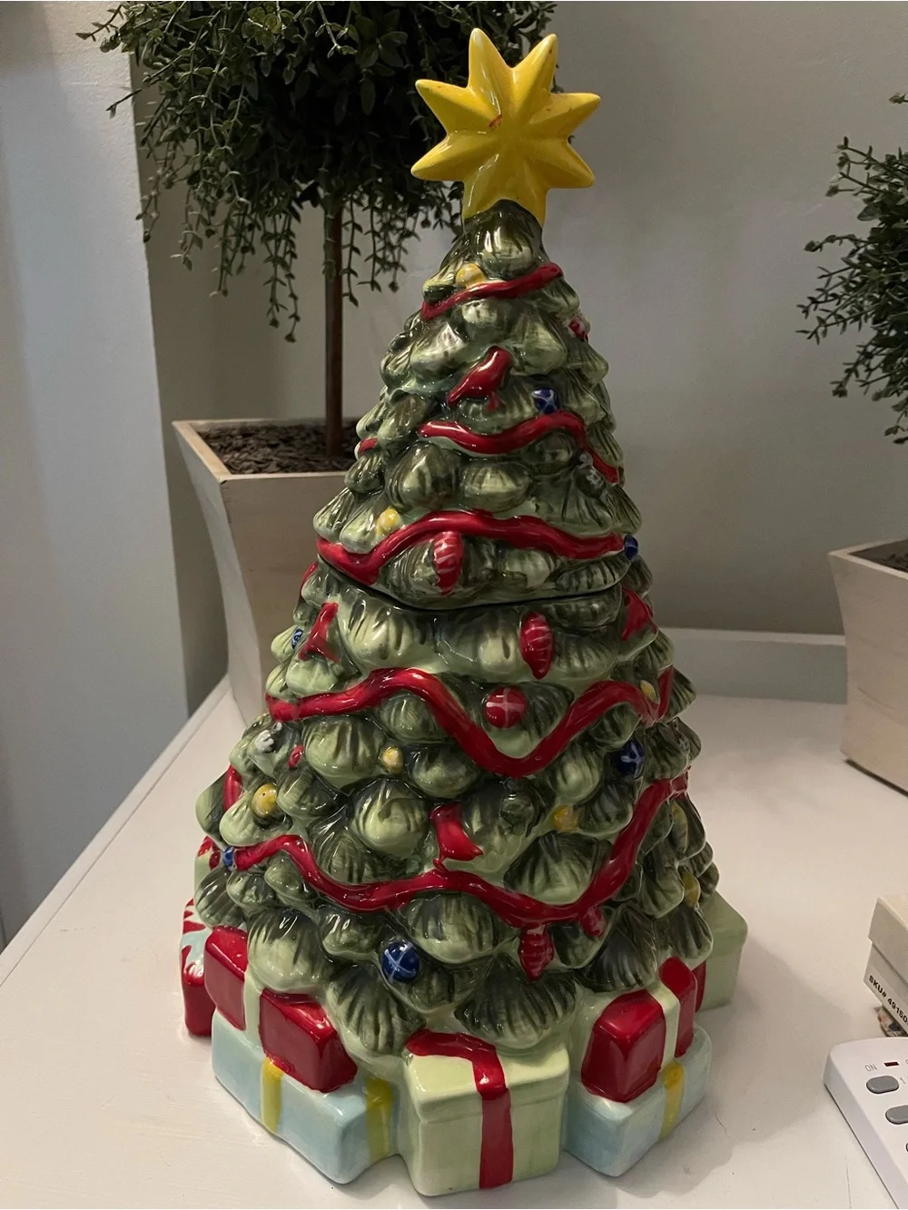 Decorative Ceramic Christmas Tree with Yellow Star - Green/Red Holiday Accent
